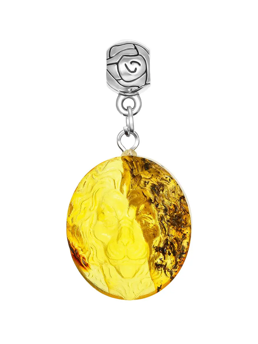 картинка Эффектный кулон из цельного янтаря лимонного цвета с резьбой «Лев» в онлайн магазине