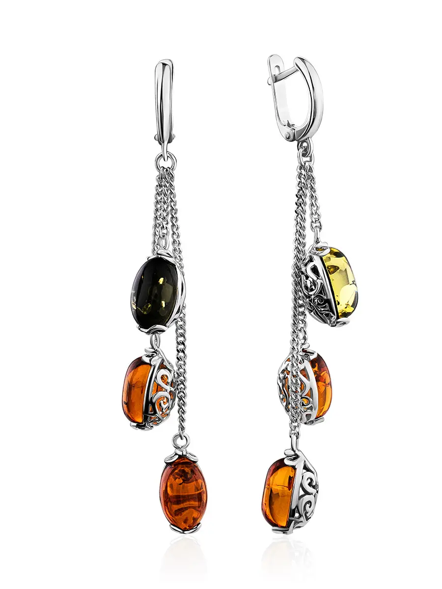 картинка Длинные изящные серьги из серебра с натуральным янтарём двух цветов «Касабланка» в онлайн магазине