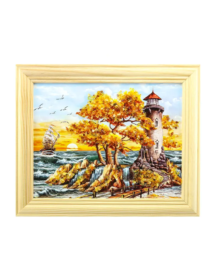 картинка «Морской пейзаж с маяком». Небольшая картина горизонтального формата, украшенная янтарем в онлайн магазине