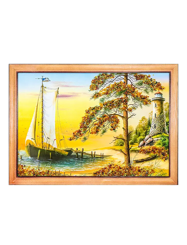 картинка Красивый пейзаж с натуральным янтарём «В закатной дымке» 23 см (В) х 33 см (Ш) в онлайн магазине
