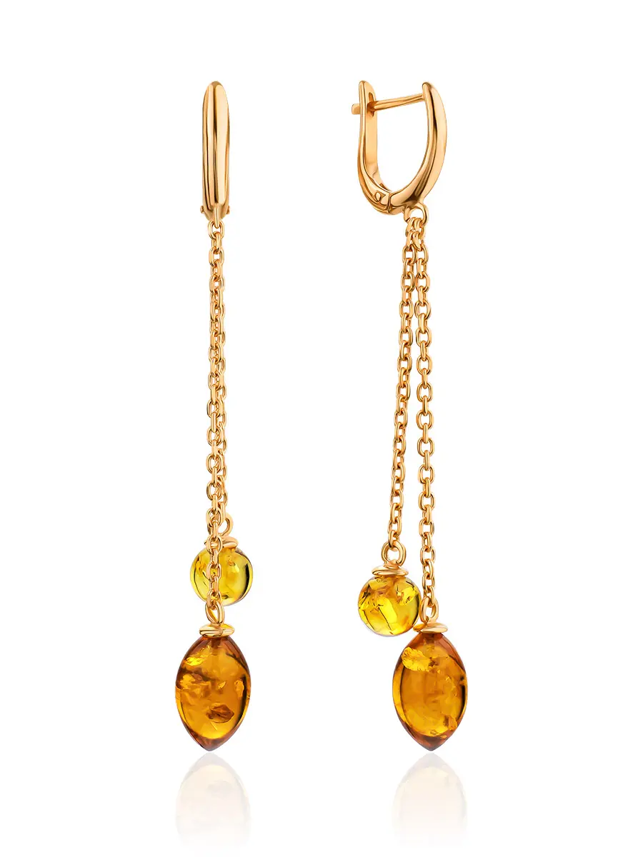 картинка Красивые позолоченные серьги-цепочки с натуральным янтарём «Рябина» в онлайн магазине