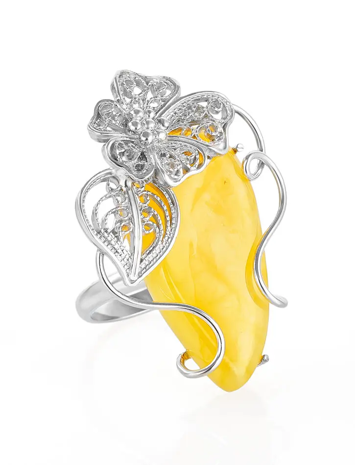 картинка Серебряное кольцо с натуральным янтарем медового цвета «Филигрань» в онлайн магазине