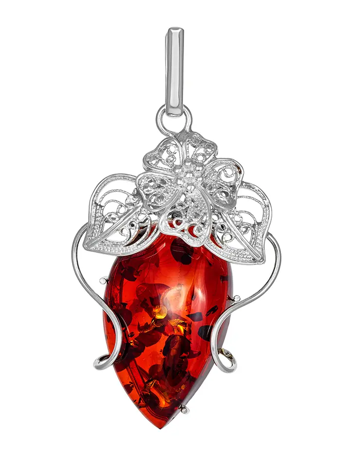 картинка Крупная подвеска из натурального сверкающего янтаря вишнёвого цвета в серебре «Филигрань» в онлайн магазине