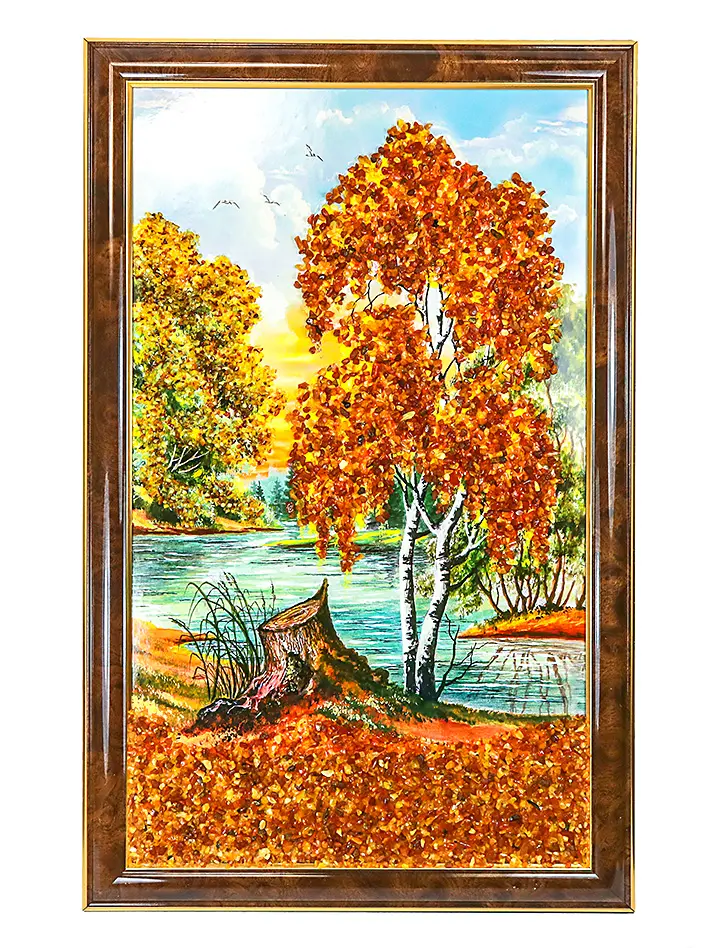 картинка Крупная вертикальная картина с натуральным янтарем «Осенняя река» в онлайн магазине