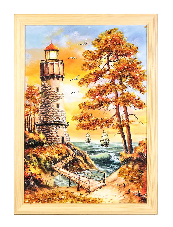 картинка Вертикальное панно, украшенное натуральным балтийским янтарём «Старый маяк» 32 (В) х 23 (Ш)  в онлайн магазине