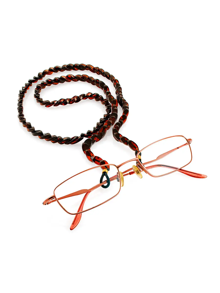 картинка Яркая цепочка-держатель для очков из натурального вишнёвого янтаря «Змейка» в онлайн магазине