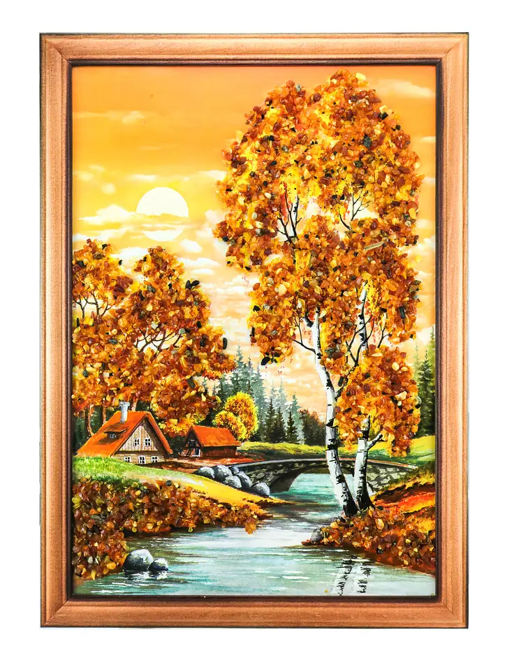 картинка «Домики у реки». Картина вертикального формата, украшенная янтарем в онлайн магазине