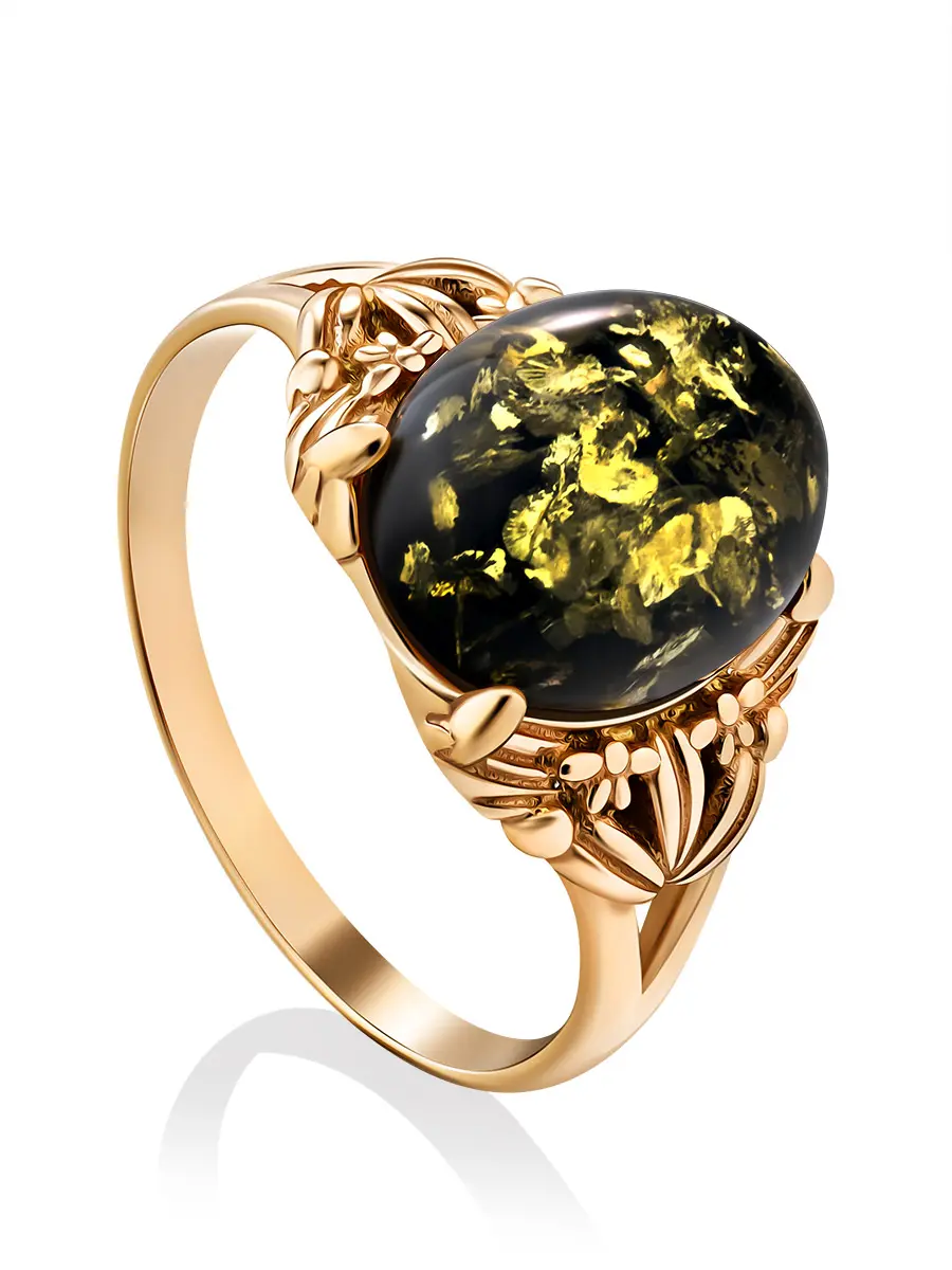 картинка Небольшое изысканное кольцо «Кармен» из позолоченного серебра и зелёного янтаря в онлайн магазине