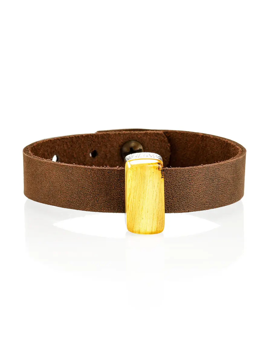 картинка Стильный кожаный браслет с натуральным балтийским янтарём «Индонезия» в онлайн магазине