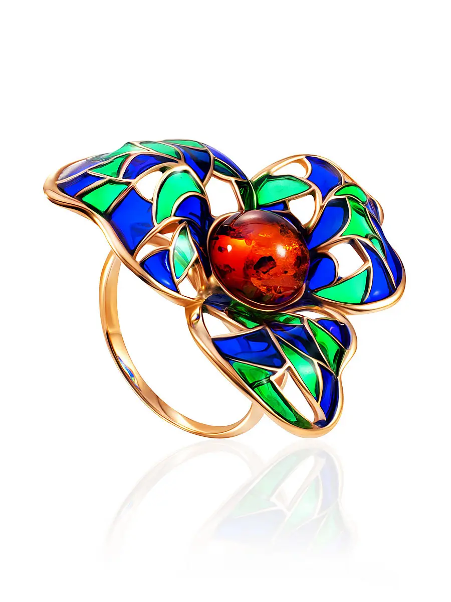 картинка Изысканное ажурное кольцо Verona с натуральным янтарём и эмалью в онлайн магазине