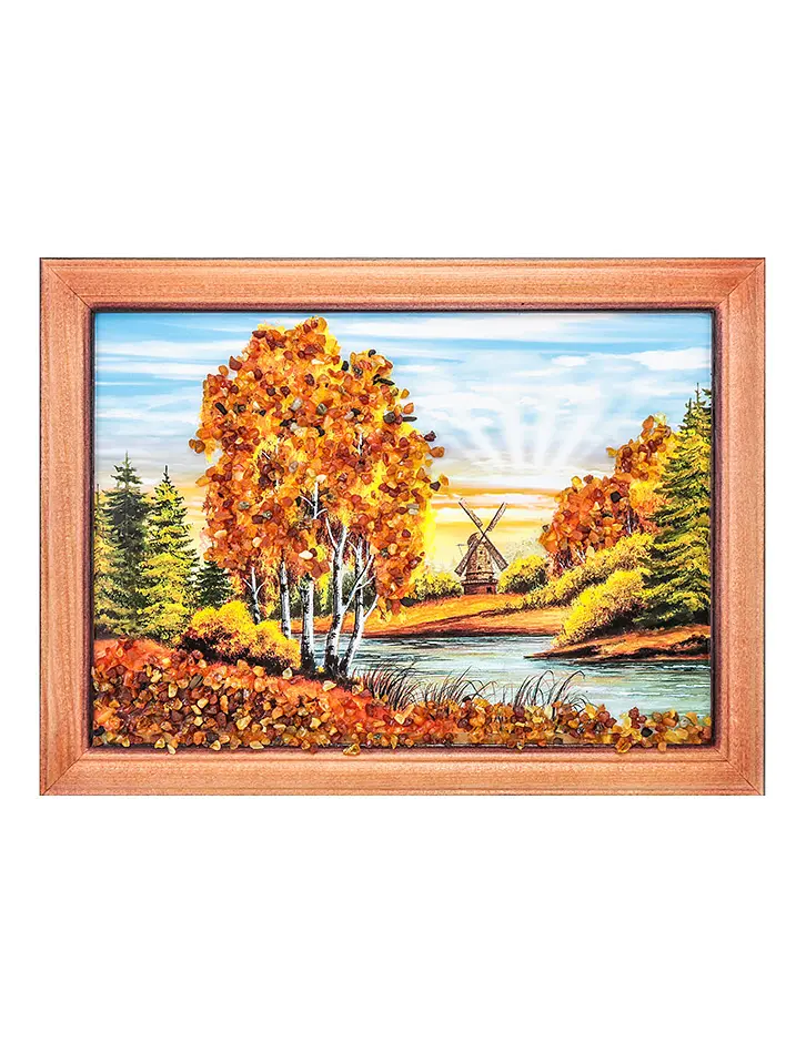 картинка Небольшой пейзаж, украшенный россыпью натурального янтаря «Мельница за рекой» 17 (В) х 24 (Ш) в онлайн магазине