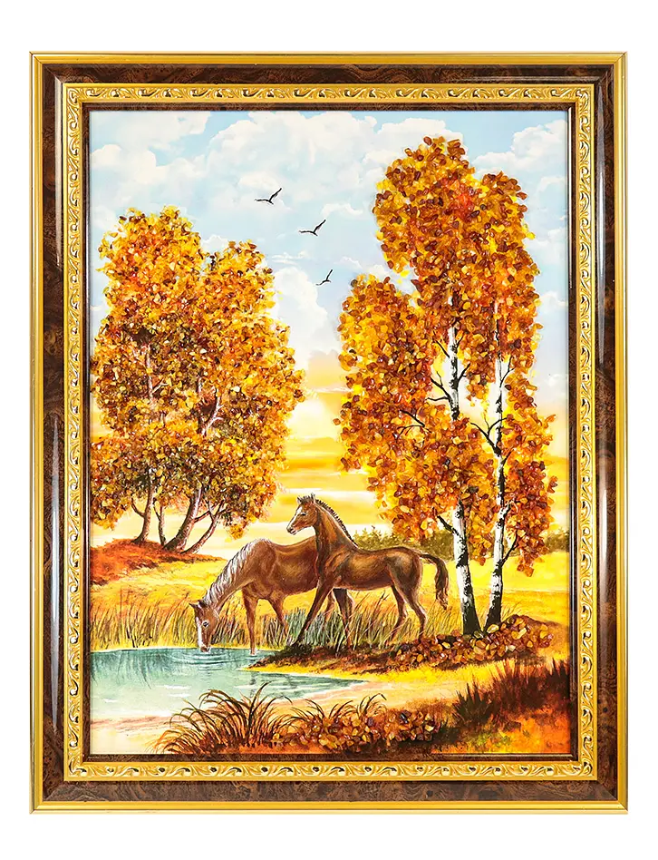 картинка Вертикальная картина с натуральным балтийским янтарём «Лошади на водопое» в онлайн магазине