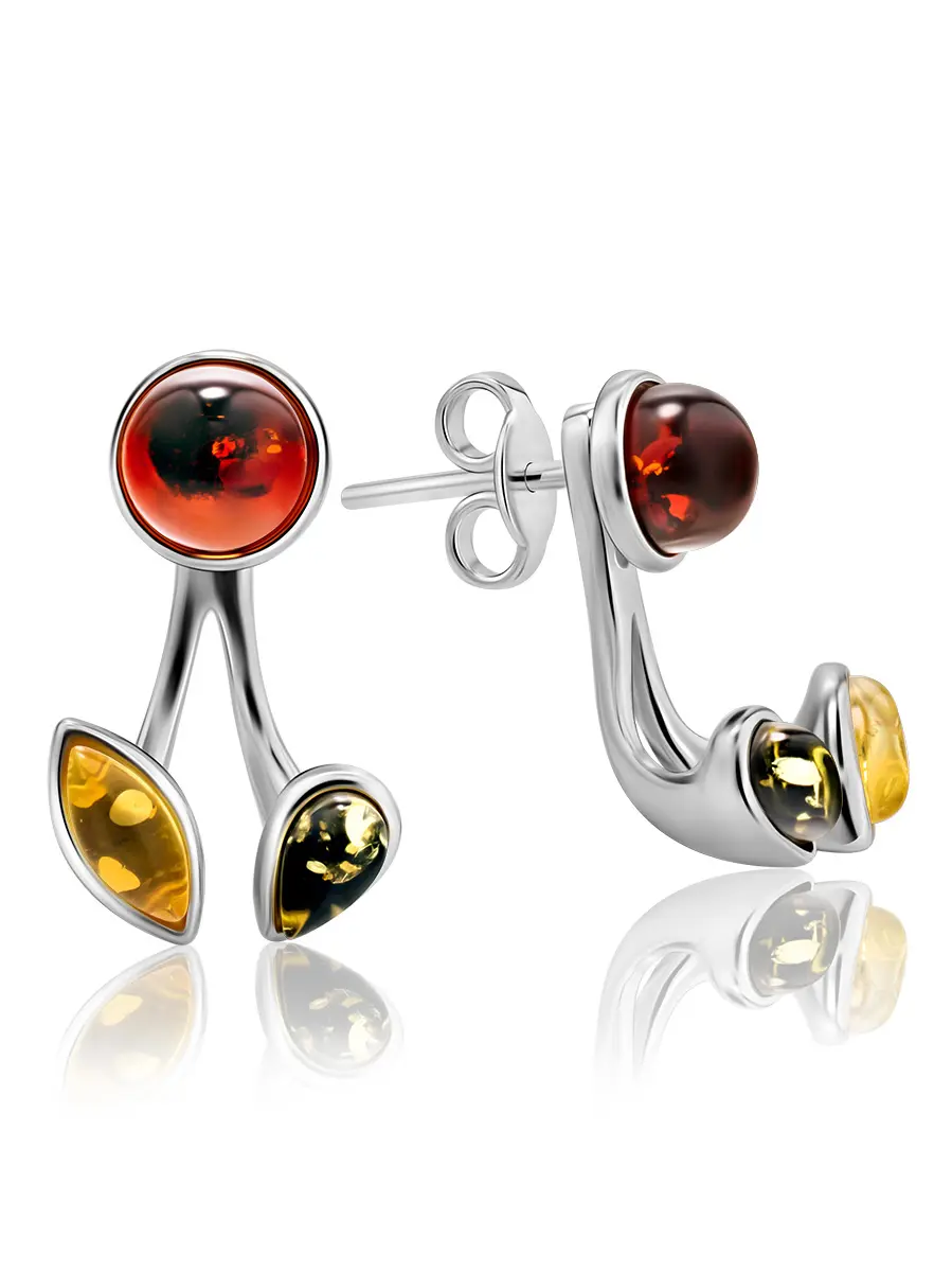 картинка Оригинальные серьги-гвоздики из серебра и разноцветного янтаря «Жерминаль» в онлайн магазине