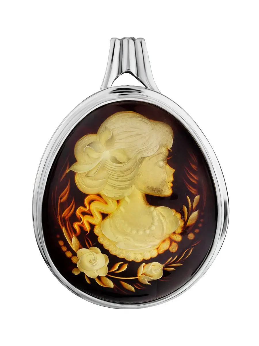 картинка Брошь в ретро-стиле из серебра и янтаря с резьбой-инталией «Элинор» в онлайн магазине