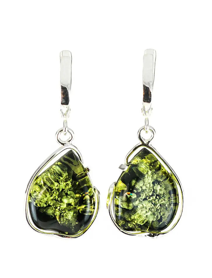 картинка Изящные серьги из янтаря красивого зеленого цвета в серебре «Лагуна» в онлайн магазине