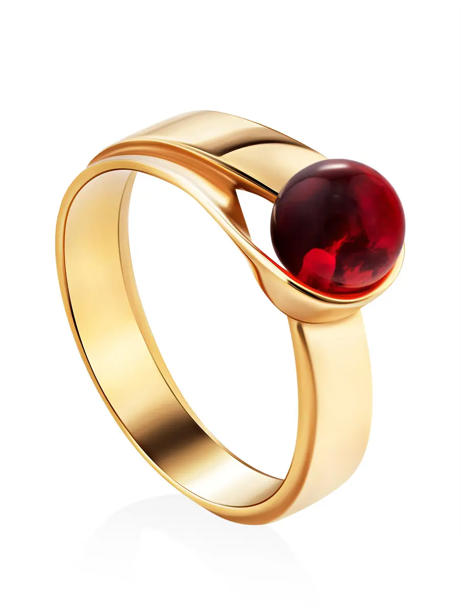 картинка Оригинальное яркое кольцо с янтарём алого цвета «Лея» в онлайн магазине