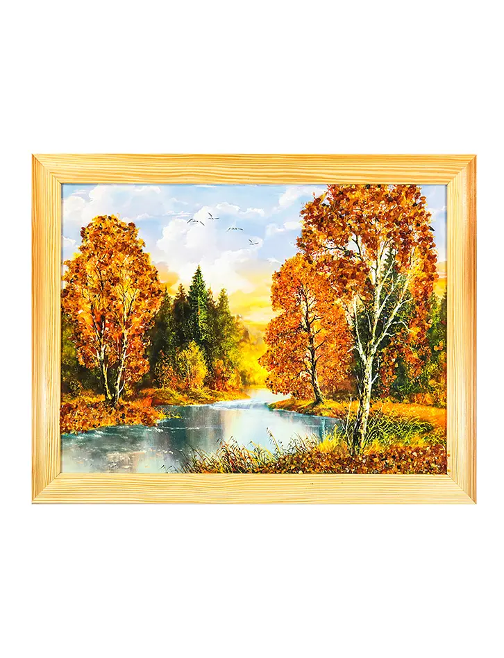 картинка Горизонтальное панно, украшенное натуральным янтарём «Лесной ручей» 35 см (В) х 45 см (Ш) в онлайн магазине