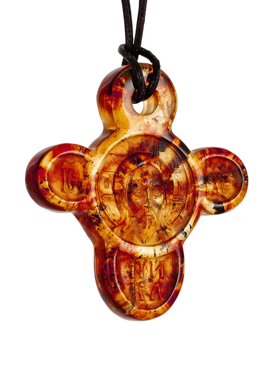 картинка Уникальный крест с резьбой из живописного формованного янтаря в онлайн магазине