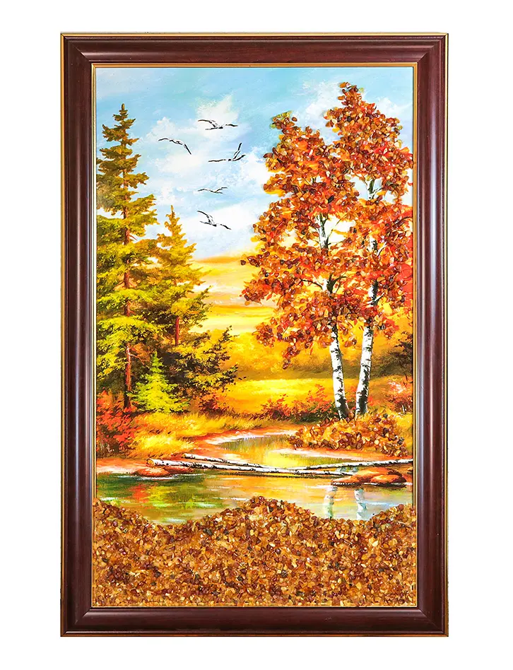 картинка Вертикальное панно с натуральным балтийским янтарём «Осеннее утро» 52 (В) х 33 (Ш) в онлайн магазине