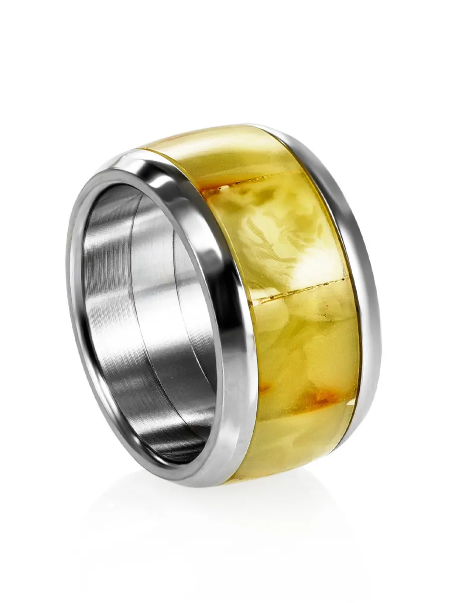 картинка Стильное кольцо-туннель из стали с янтарём в онлайн магазине
