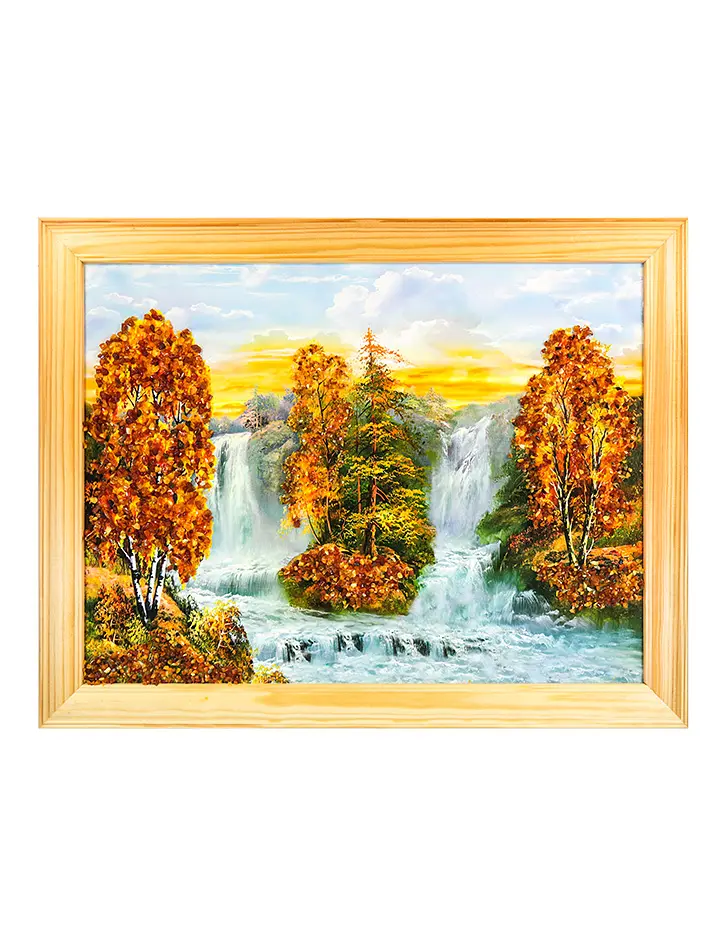 картинка Горизонтальное панно, украшенное натуральным янтарём «Водопады Аляски» 35 см (В) х 45 см (Ш) в онлайн магазине