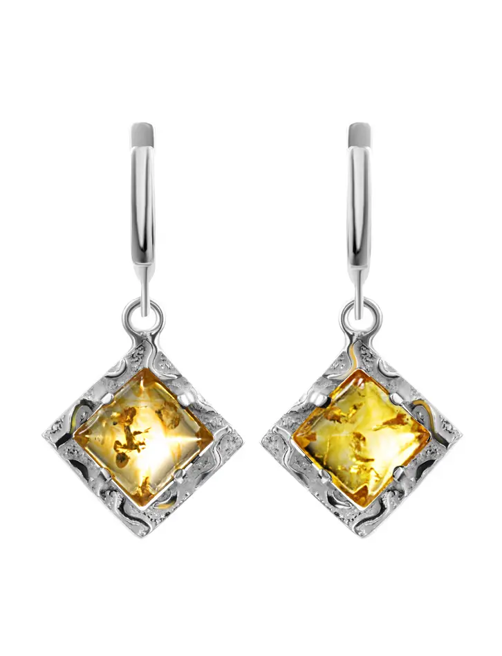 картинка Небольшие серебряные серьги с натуральным золотисто-лимонным янтарём «Авангард» в онлайн магазине