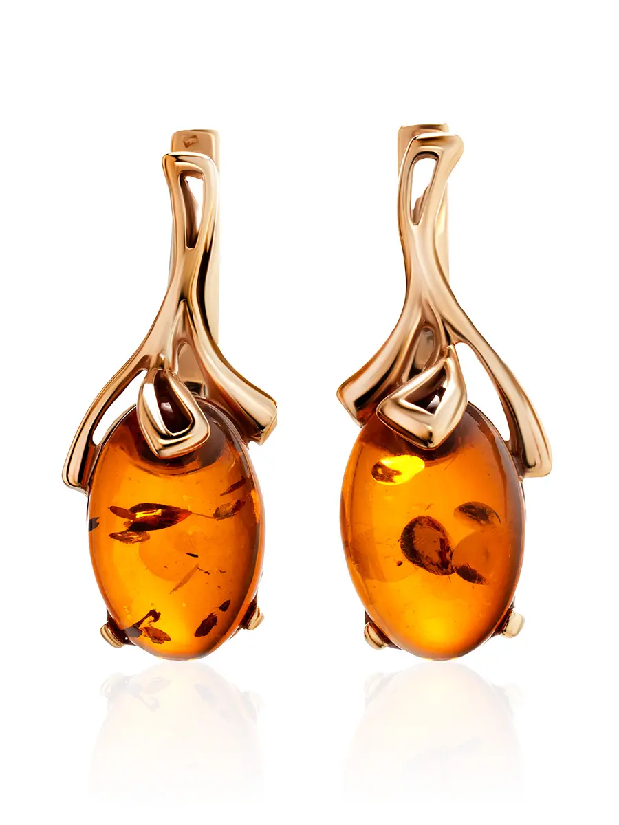 картинка Красивые серьги из золочёного серебра и янтаря коньячного цвета «Крокус» в онлайн магазине