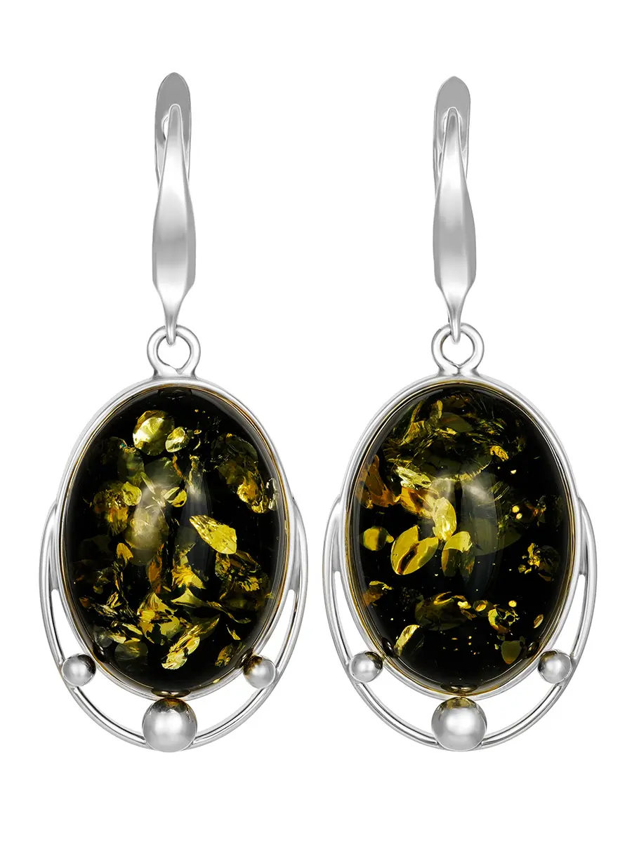 картинка Крупные серьги из цельного темно-зеленого янтаря в серебре «Маньяна» в онлайн магазине