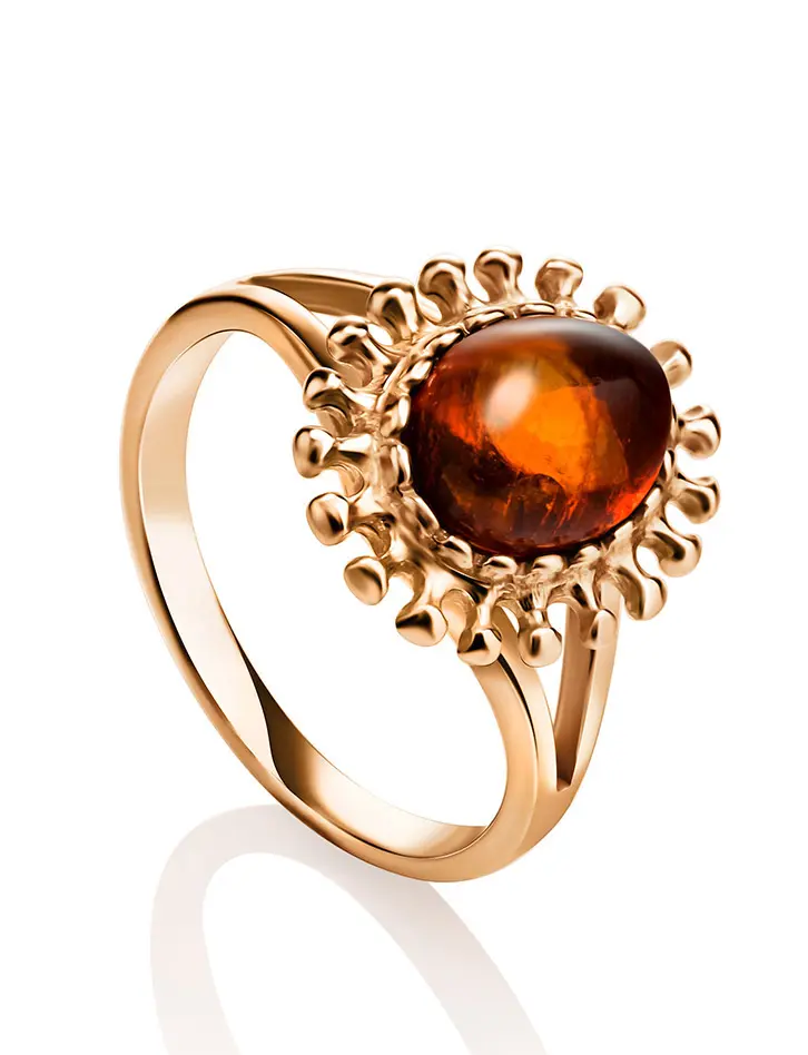 картинка Красивое кольцо «Ловина» из позолоченного серебра и натурального коньячного янтаря в онлайн магазине