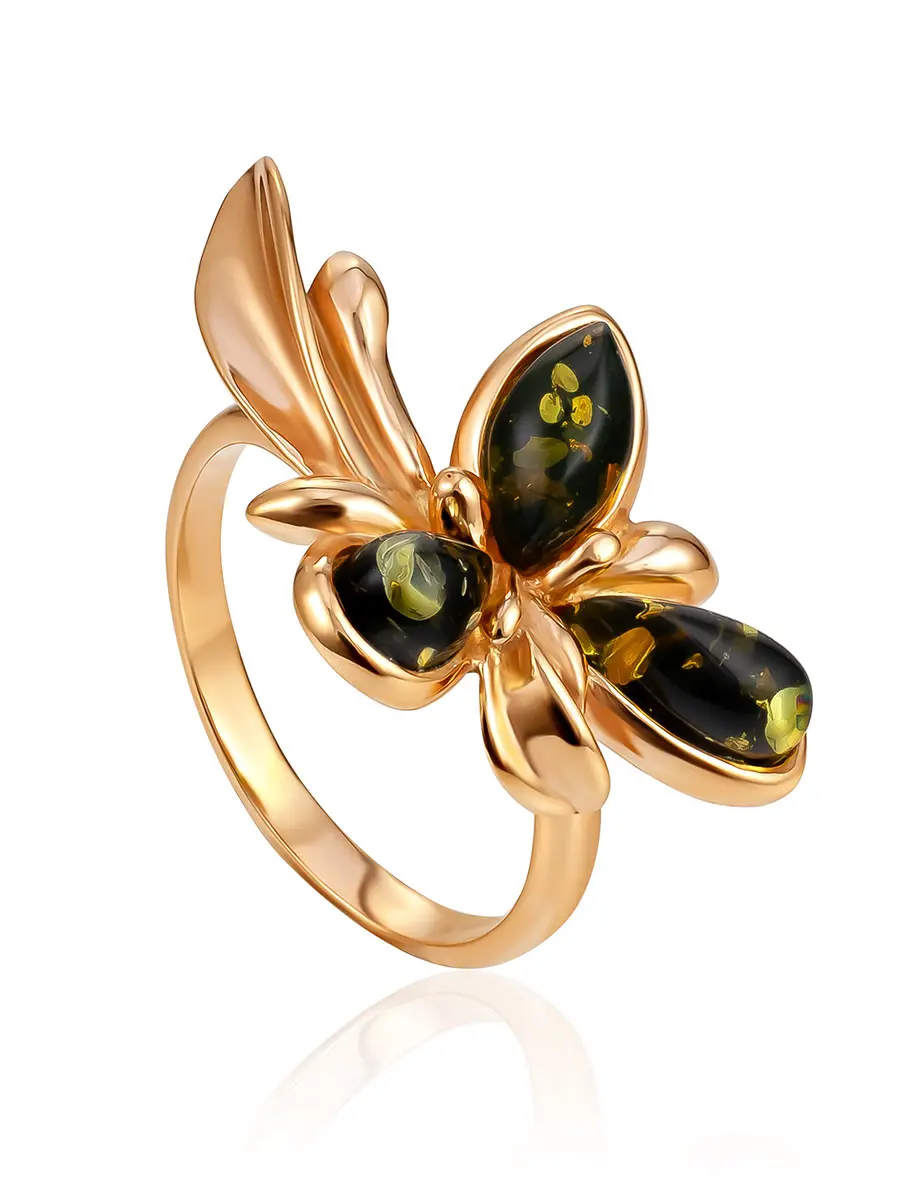 картинка Замечательное яркое кольцо с зелёным янтарём «Кипарис» в онлайн магазине
