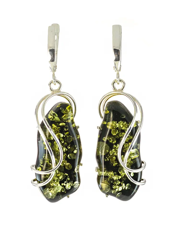 картинка Крупные фигурные серьги из янтаря темно-зеленого цвета в серебре «Риальто» в онлайн магазине