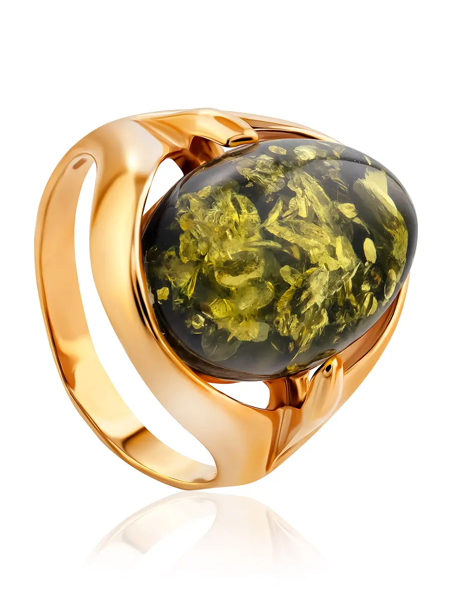 картинка Кольцо из позолоченного серебра с натуральным янтарём зелёного цвета «Астрид» в онлайн магазине