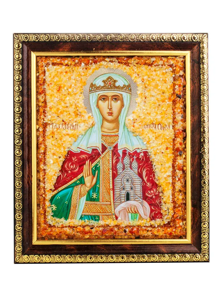 картинка Именная икона, украшенная натуральным янтарём «Святая равноапостольная княгиня Ольга» в онлайн магазине