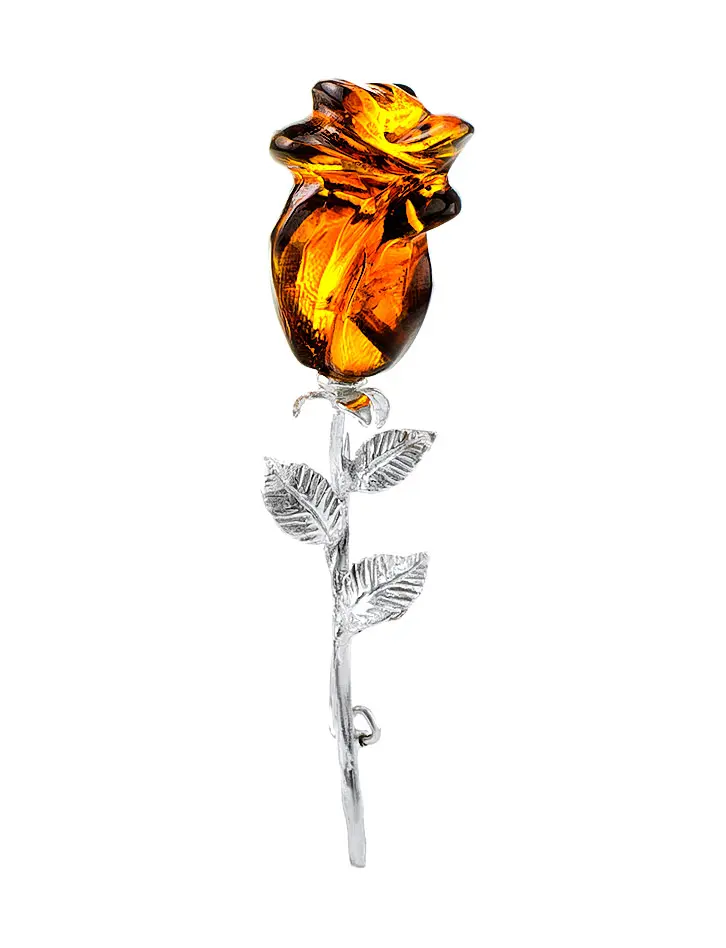 картинка Изящная серебряная брошь с натуральным янтарём коньячного цвета «Роза» в онлайн магазине