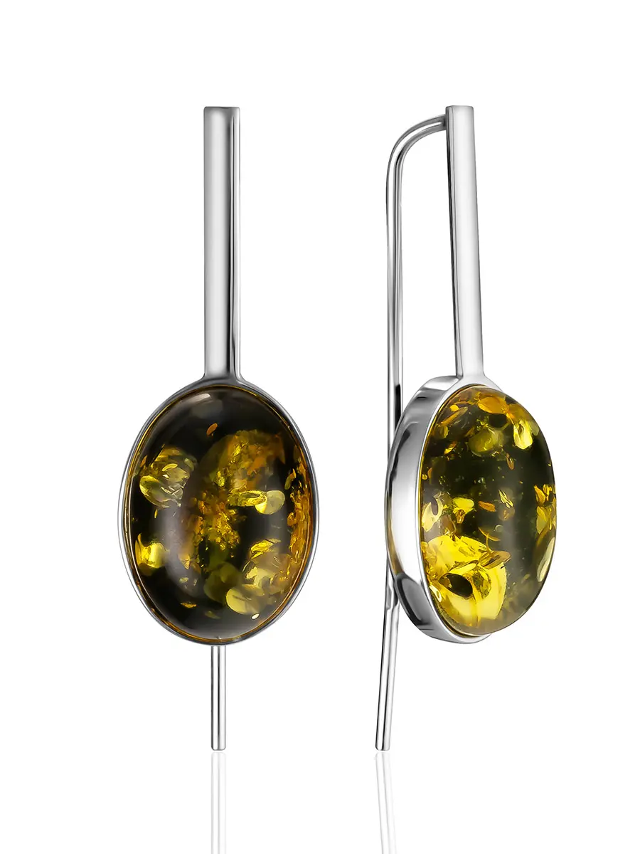 картинка Яркие серьги-крючки «Годжи» с искрящимся тёмно-зелёным янтарём в онлайн магазине