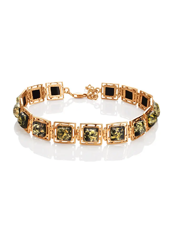 картинка Изысканный золочёный браслет из зелёного янтаря «Итака» в онлайн магазине