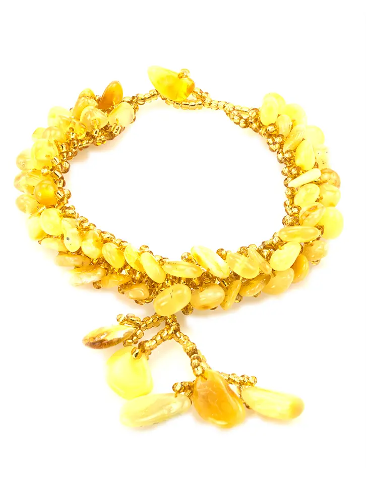 картинка Плетёный браслет из натурального балтийского янтаря медового цвета и бисера «Берёзка» в онлайн магазине