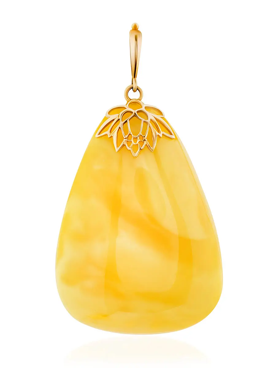 картинка Красивая глянцевая подвеска из натурального медового янтаря с природной текстурой и золота в онлайн магазине