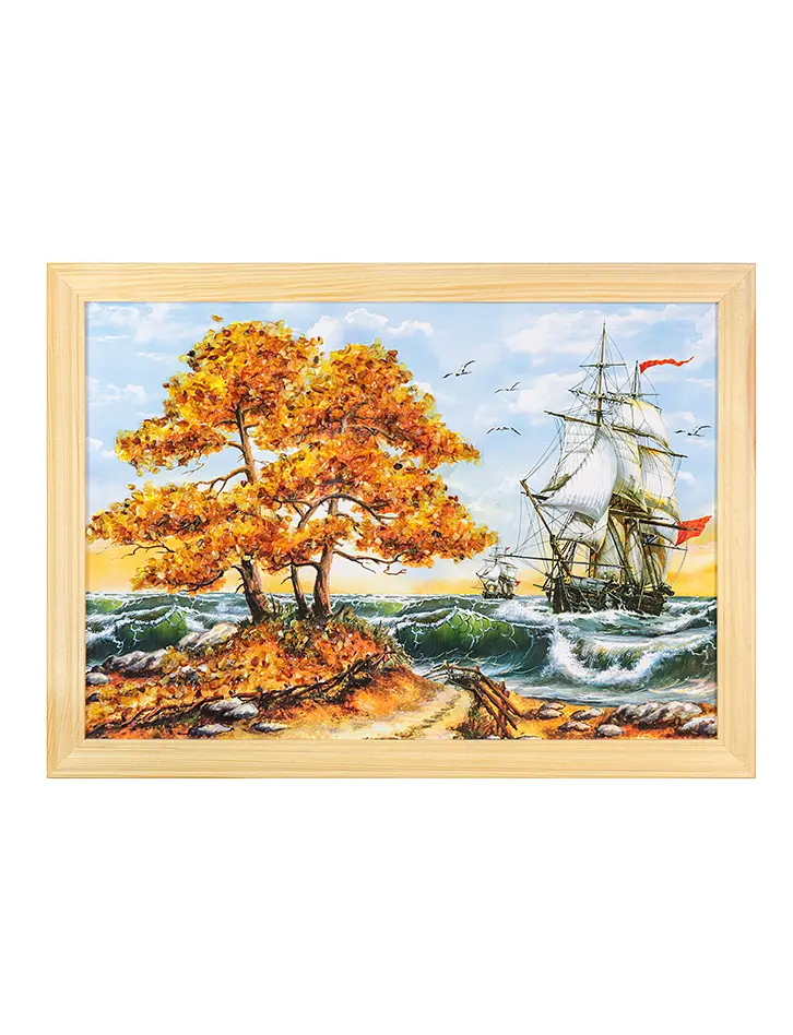 картинка «На всех парусах». Красивый морской пейзаж, украшенный натуральным янтарём 23 (В) х 32 (Ш) в онлайн магазине