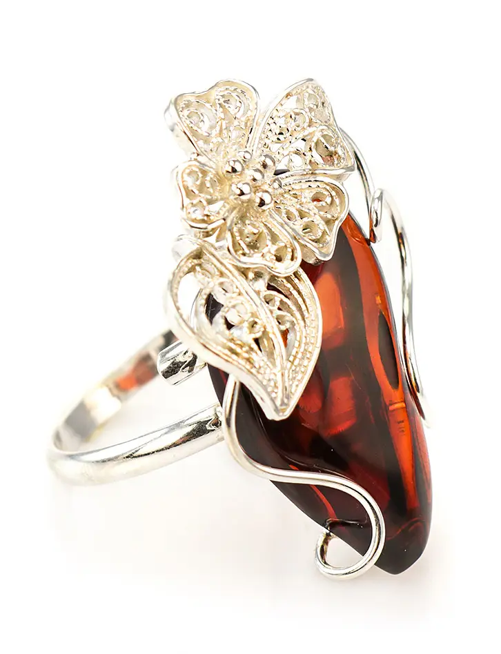 картинка Кольцо «Филигрань» из серебра и натурального балтийского янтаря насыщенного коньячного цвета в онлайн магазине