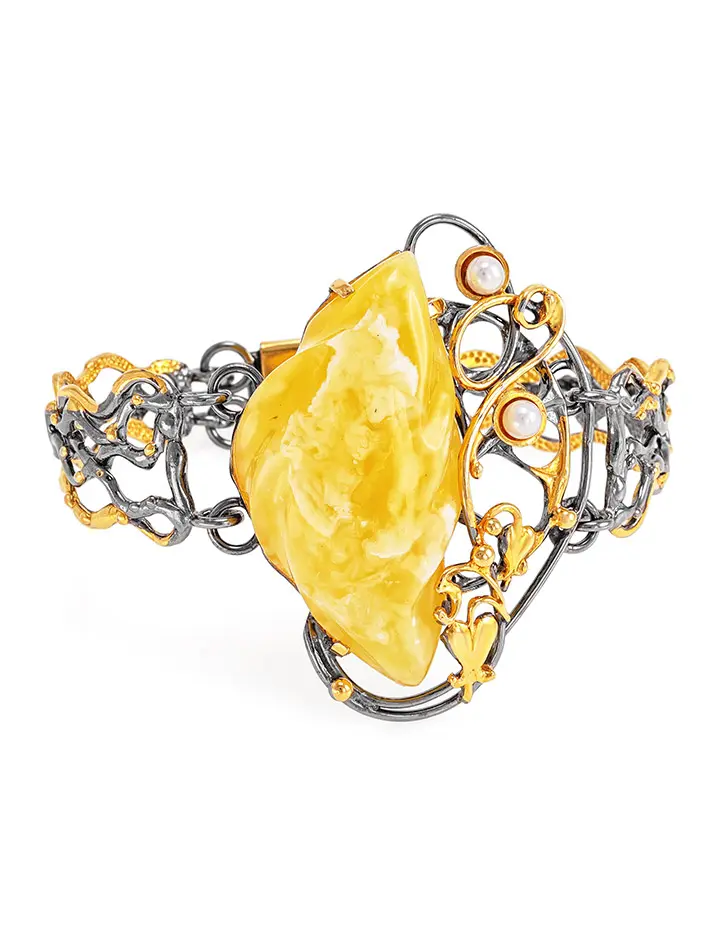 картинка Великолепный браслет «Версаль» из серебра с натуральным янтарём и жемчугом в онлайн магазине