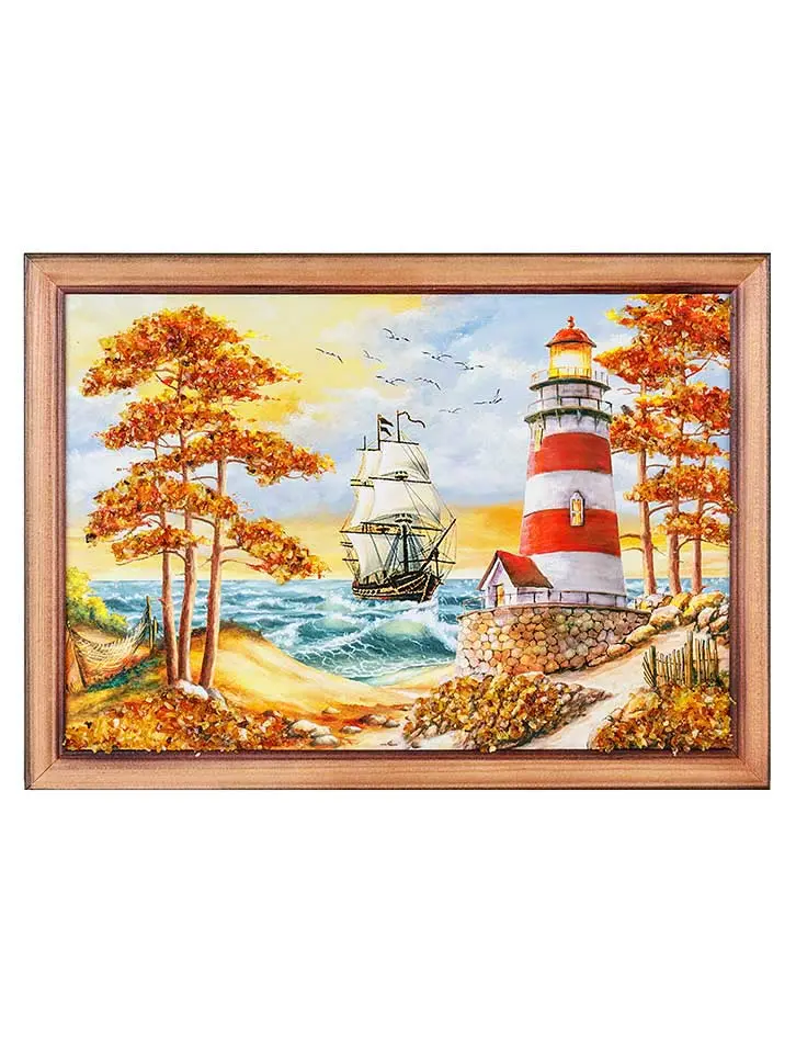картинка Морской пейзаж с натуральным янтарём «Фрегат» 23 см (В) х 33 см (Ш) в онлайн магазине