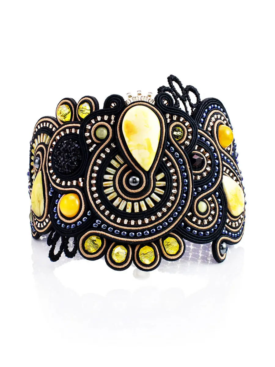 картинка Роскошный плетёный браслет со вставками из натурального медового янтаря «Индия» в чёрном цвете в онлайн магазине