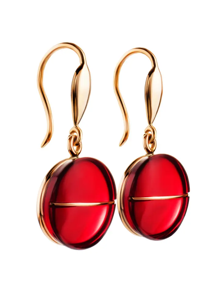 картинка Яркие золотые серьги-крючки «Сангрил» с красным янтарём в онлайн магазине