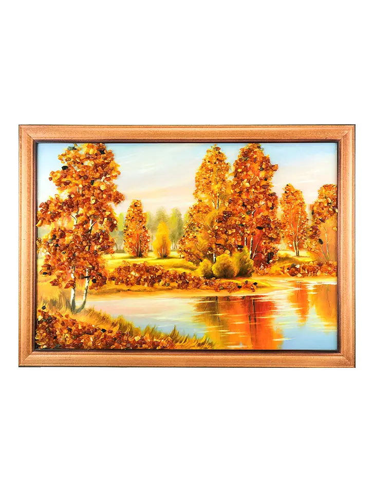 картинка «Озеро в березовом лесу». Украшенная янтарем картина горизонтального формата в онлайн магазине