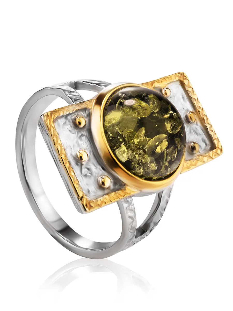 картинка Стильное кольцо «Равенна» с янтарём зелёного цвета в онлайн магазине
