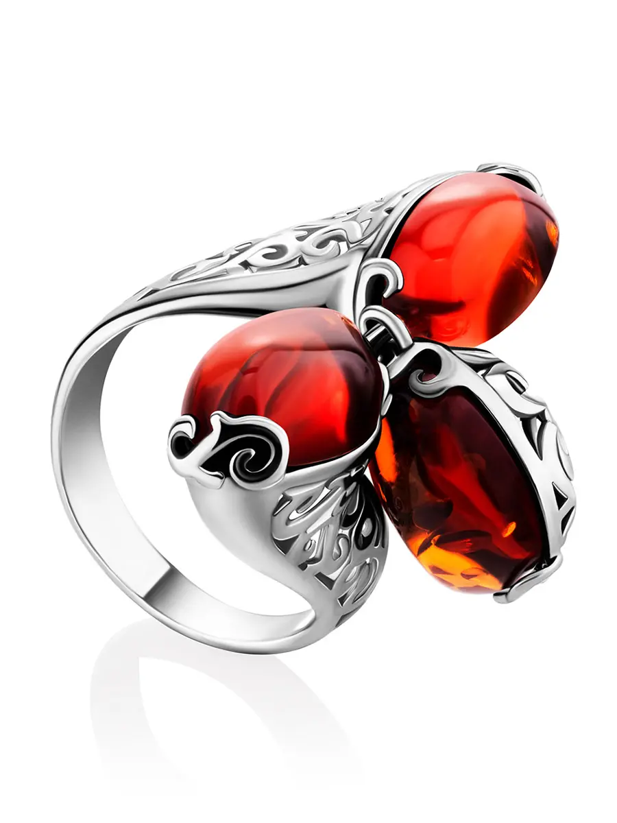 картинка Эффектное серебряное кольцо со вставками из коньячного янтаря «Касабланка» в онлайн магазине