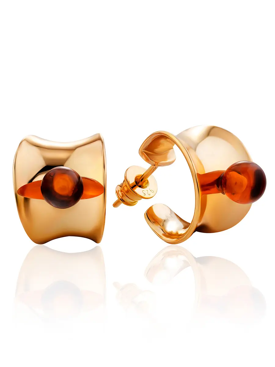картинка Яркие серьги-кольца из золочённого серебра с коньячным янтарём Palazzo от ifamore™ в онлайн магазине