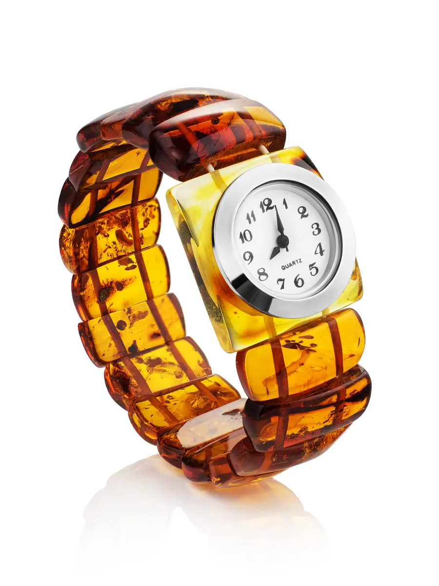 картинка Изысканные наручные часы с браслетом из натурального коньячного янтаря в онлайн магазине