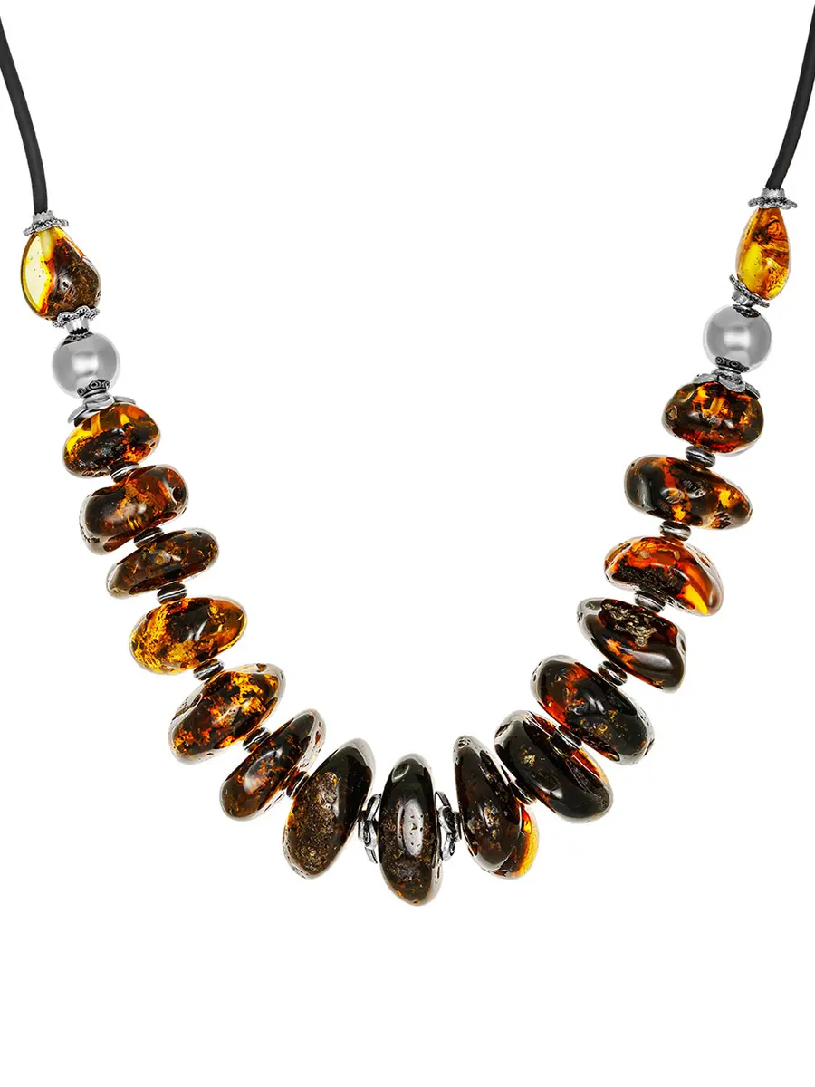 картинка Стильное колье «Шайбы крупные» из натурального тёмного янтаря на силиконовом шнурке в онлайн магазине